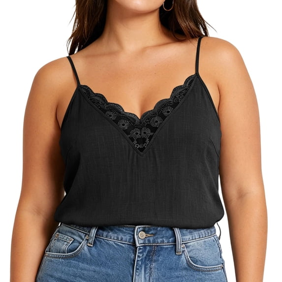 aohooy Camisole Tops for Women Plus Size Spaghetti Strap Lace Trim V Neck Cami Summer Casual Sleeveless Going Out Y2K Tank Top Black,XL