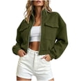 thumbnail image 1 of aohooy Cargo Bomber Jacket Women Cropped Oversized Fall Coat Full Zip Up Stand Collar Long Sleeve Lightweight Jackets with Pocket Army Green,XXL, 1 of 7