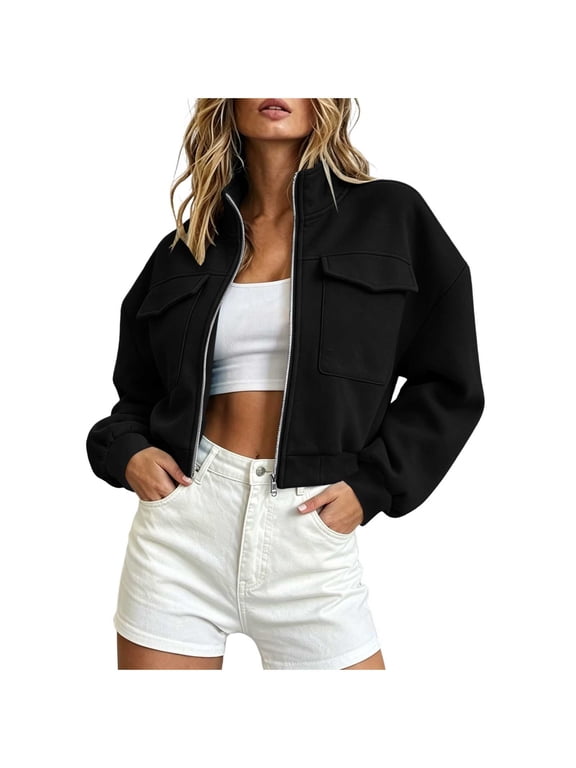 Cargo Bomber Jacket Women Cropped Oversized Fall Coat Full Zip Up Stand Collar Long Sleeve Lightweight Jackets with Pocket Black,S