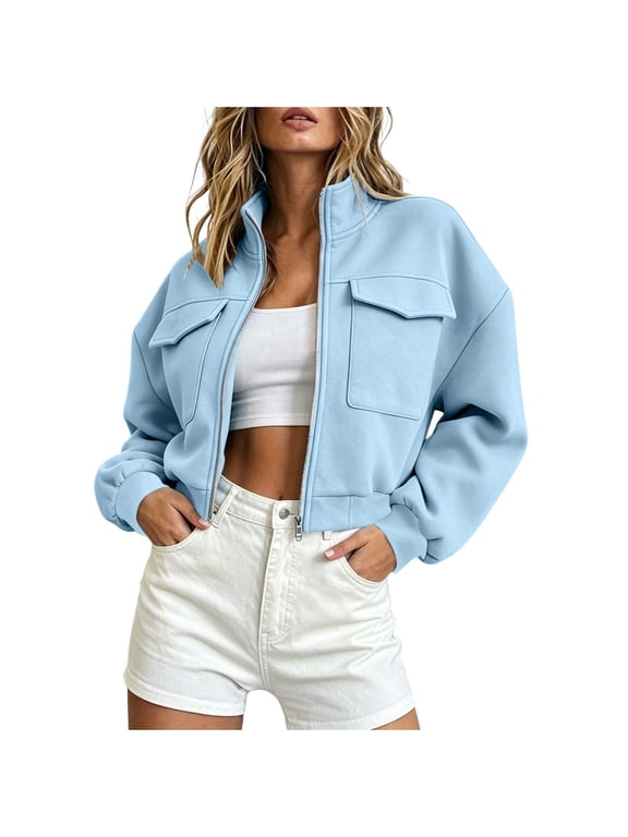 Cargo Bomber Jacket Women Cropped Oversized Fall Coat Full Zip Up Stand Collar Long Sleeve Lightweight Jackets with Pocket Light Blue,M