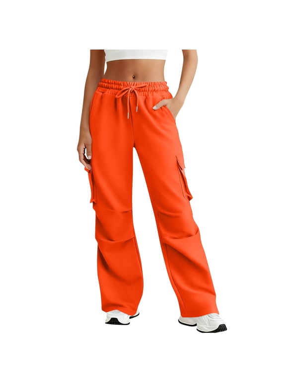 Cargo Pants Womans,Wide Leg Drawstring High Waisted SweatPant Baggy Stretchy Pant with Multi Pockets Orange,XXL