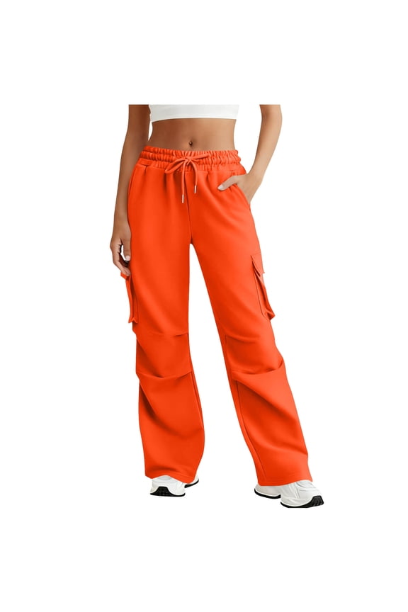 Cargo Pants Womans,Wide Leg Drawstring High Waisted SweatPant Baggy Stretchy Pant with Multi Pockets Orange,XXL