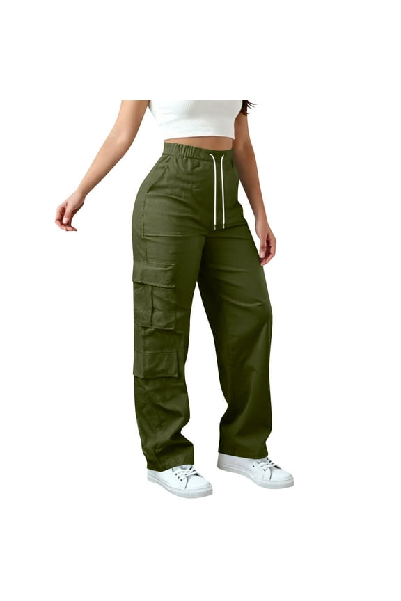 Cargo Pants Women Petite Drawstring Wide Leg High Waisted Baggy Sweatpants Multi Pockets Athletic Jogging Workout Trousers Army Green,XL