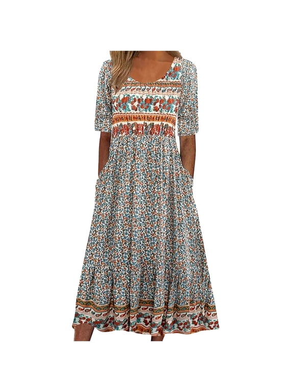 Casual Floral Print Boho Summer Dress Women Short Sleeve Crew Neck Plus Size Empire Maxi with Pockets Gray,XL
