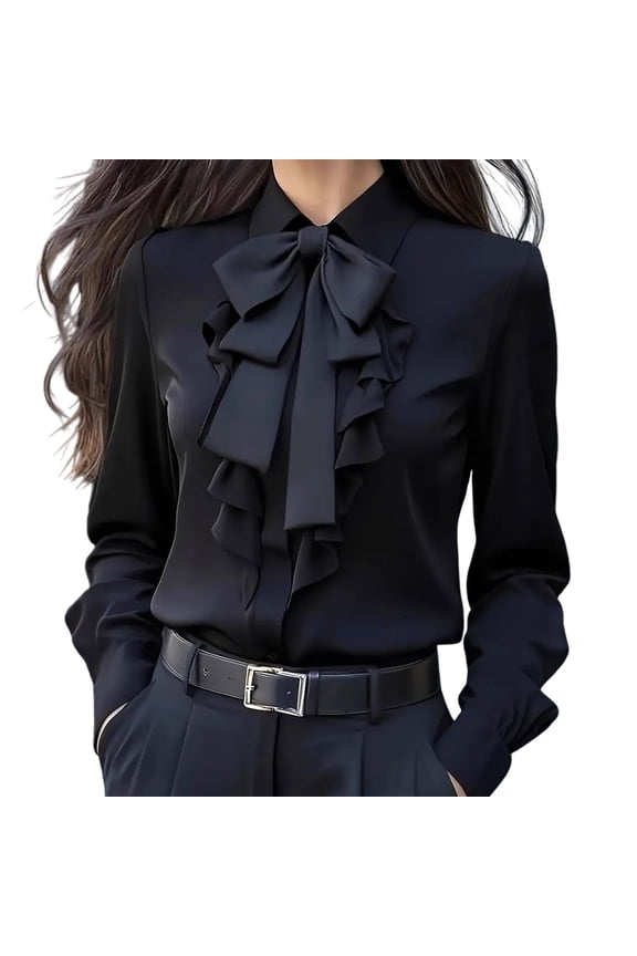 Chiffon Blouses for Women Long Sleeve Vintage Ruffle Bow Dressy Workwear Tops Elegant Lapel Office Business Shirts Black,M
