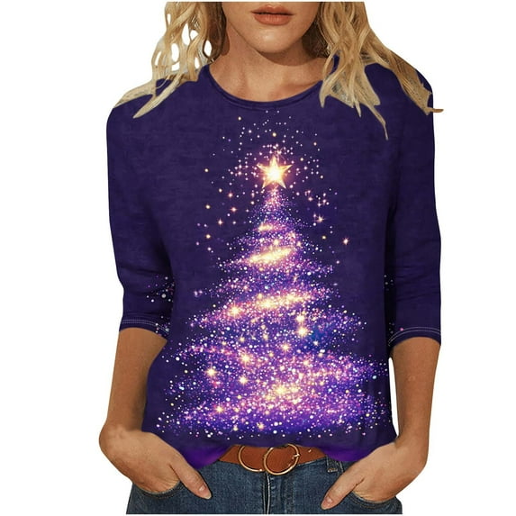 aohooy Christmas Blouses 3/4 Sleeve Womens Xmas Tree Cute Print Tops Crew Neck Graphic Tees Holiday Plus Size Shirt Blouse Multicolor,XXXL