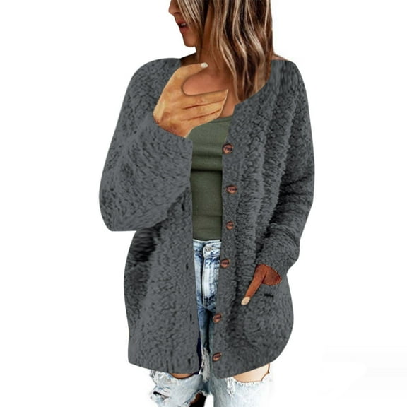 aohooy Chunky Cardigans for Women Trendy Button Down Plus Size Sherpa Cardigan with Pockets Open Front Long Sleeve Sweaters Gray,XXXL