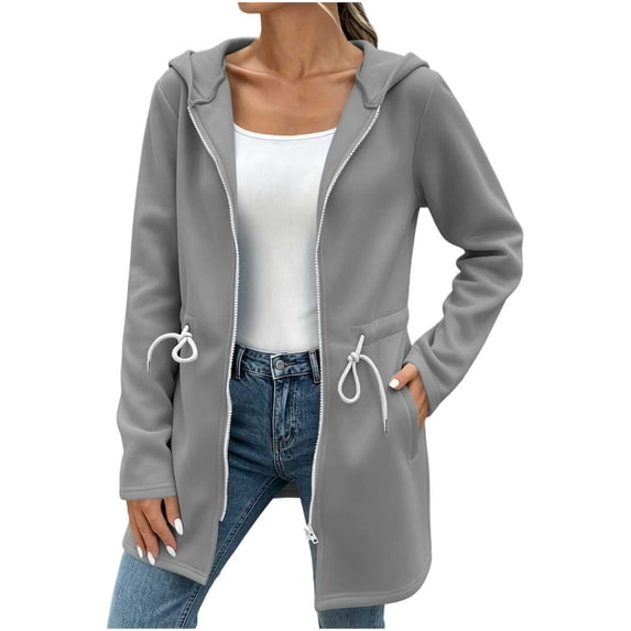 aohooy Cinch Waist Hoodie for Women Drawstring Full Zip Up Sweatshirts Jacket Fall Lightweight Long Sleeve Hooded Workout Jackets Gray,M