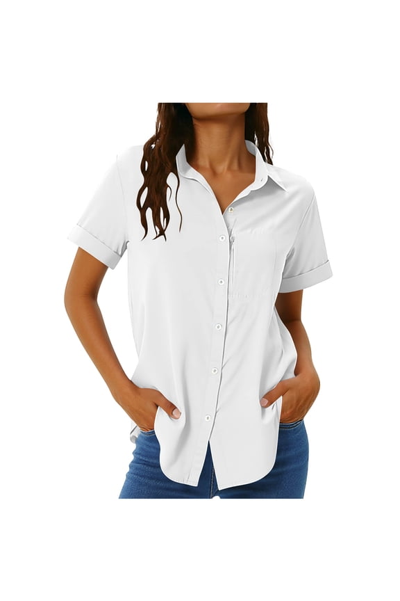 Collared Athletic Shirts for Women Summer Plus Size Casual Short Sleeve Button Down Workout Tops with Sunbock UPF 50+ Quick Dry Shirt for Hiking Running Fishing White,S