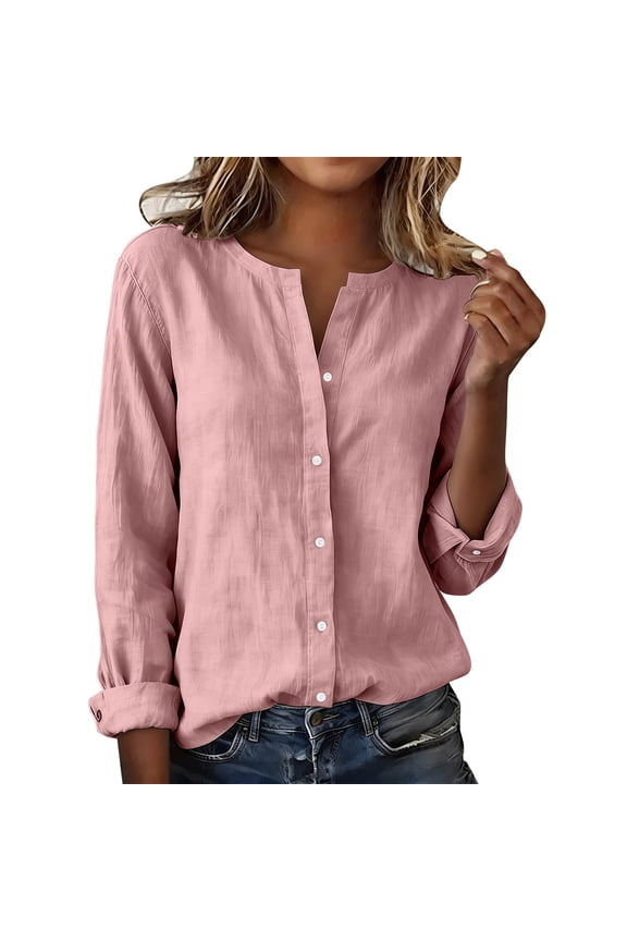 Collarless Linen Shirts for Women Summer Button Down Long Sleeve Loose Fit Notched V Neck Tops Work Tunic Blouses Pink,L