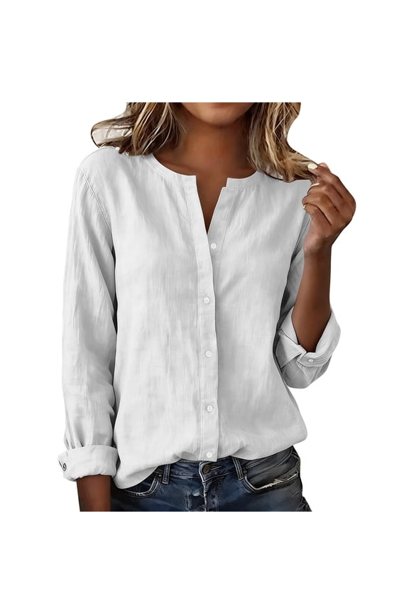 Collarless Linen Shirts for Women Summer Loose Fit Long Sleeve Notched V Neck Tops Tunic Blouses Button Down Work White,S