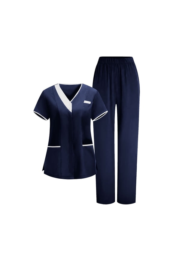 Comfy Scrubs for Women Set Stretchy Color Block V-Neck Tops and Cargo Pants Jogger Outfits Medical Suit Navy,XXXL