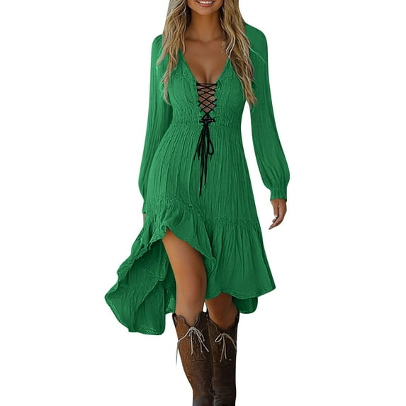 aohooy Corset Dresses for Women Plus Size Ruffled Gothic Vintage Cowgirl Midi Dress Irregular Hem Long Sleeve Sundress Western Outfit 2025 Green,XXL
