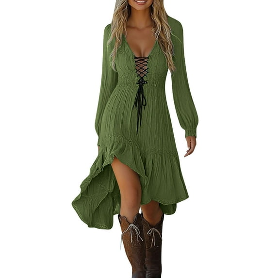aohooy Corset Top Sundresses Women Ruffled Gothic Vintage Cowgirl Midi Dress Irregular Hem Long Sleeve Beach Western Outfit 2025 Army Green,M
