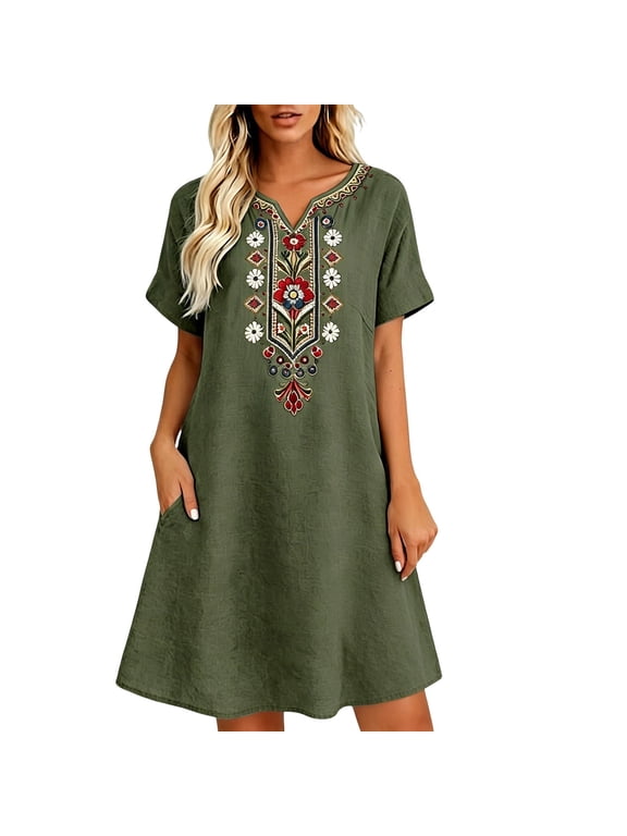 Cotton Linen Embroidered Peasant Dresses for Women Summer 2026 Short Sleeve Midi Boho Dress Floral Bohemian Tunic Dresses Green,XXXL