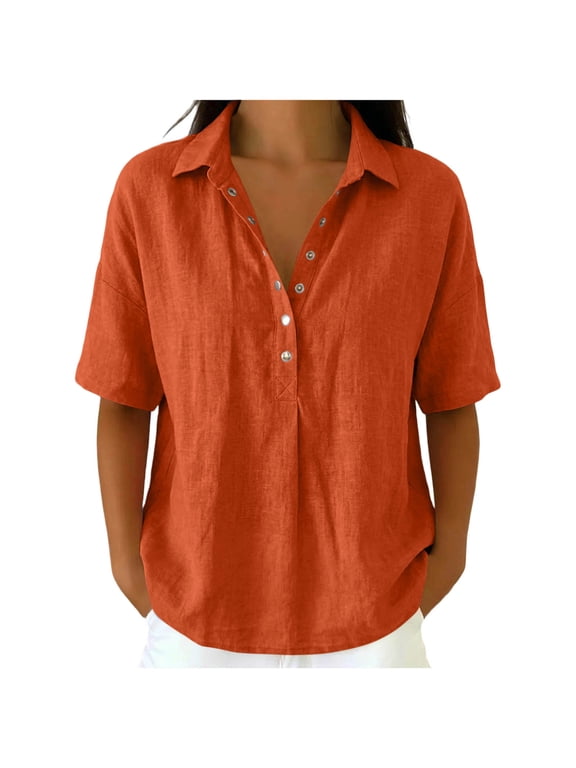 Cotton Linen Shirts for Women Half Sleeve Lapel Snap Shirt Henley V Neck Casual Loose Summer Blouse Travel Beach Vacation Orange,S
