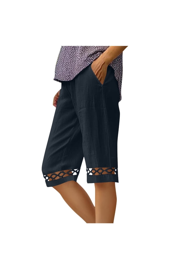 Cotton Linen Shorts for Women Casual Knee Length Straight Leg Bermuda Shorts Summer Boho Cut Out Hem Short Pants with Pockets Navy,M