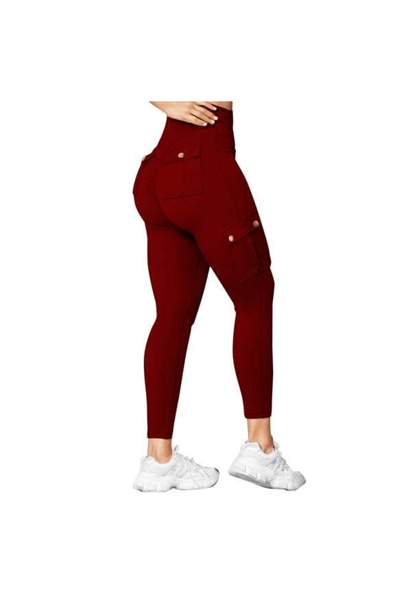 Cotton Workout Leggings for Women Hidden Scrunch Butt Lifting High Waisted Cargo Legging Gym Tummy Control Yoga Pants with Pocket Wine,L