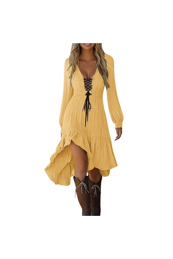 Cow Girl Dress Women Western Gothic Vintage Beach Midi Dresses Irregular Hem Ruffled Long Sleeve Sundress Outfit 2025 Yellow,S