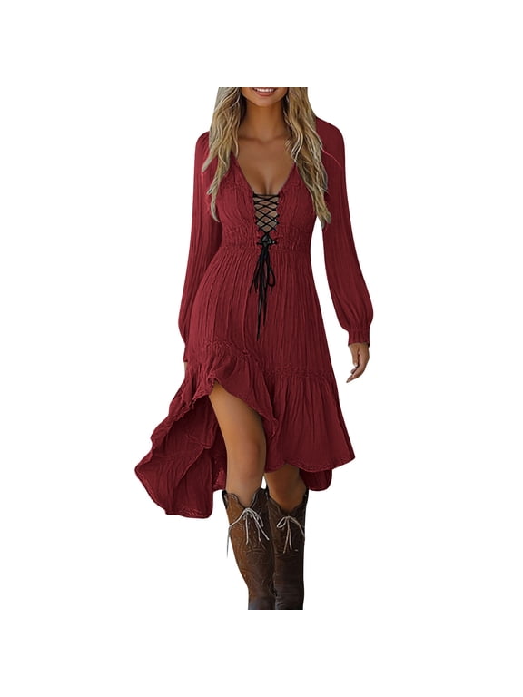 Cowgirl Dress for Women Western Solid Gothic Vintage Beach Midi Dresses Irregular Hem Ruffled Long Sleeve Sundress Outfit 2025 Wine,XXL