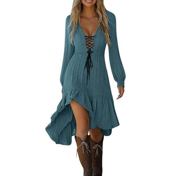 aohooy Dress for Halloween Women Vintage Cowgirl Midi Dresses Casual Long Sleeve Ruffled Sundresses Western Outfit 2025 Navy,L