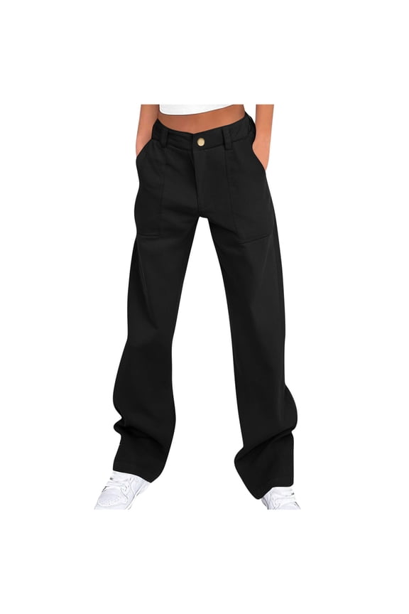 Dressy Cargo Pants for Women，High Waist Stretch Straight Wide Leg Pant Baggy Multiple Pockets Y2K Trousers Black,L