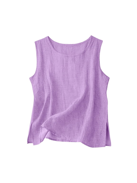 Dressy Tank Tops for Women Cotton Linen Gauze Shirts Sleeveless Summer Tunic Top Split Loose Fit Lightweight Casual Blouse Purple,XXXL