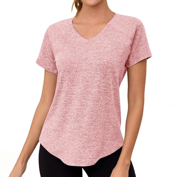 aohooy Dri Fit T Shirts for Women Long Sleeve Short Sleeve Workout V Neck Sun Protection Tops for Golf Tennis Hiking Running Pink,S