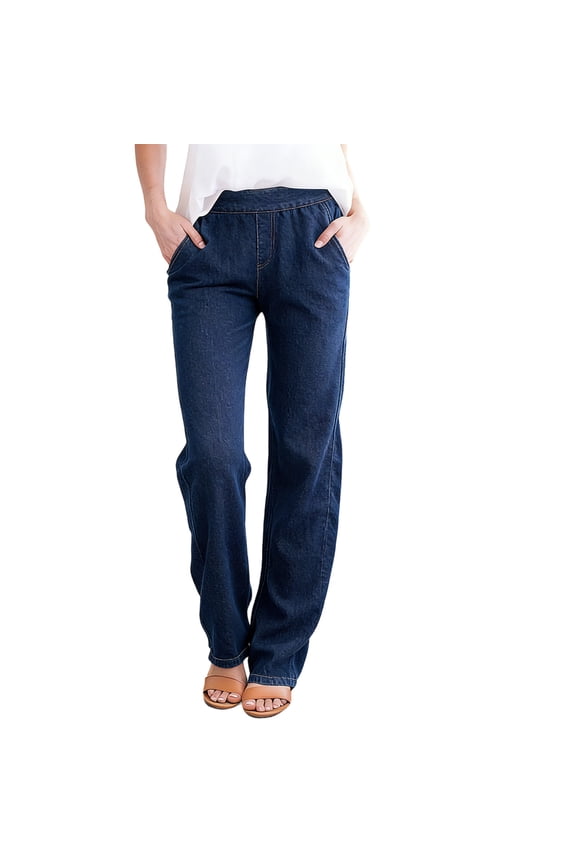 Elastic Wide Leg Jeans For Women Plus Size Casual Baggy Pull on Stretch Denim Pant High Waisted Straight Leg Trousers with Pockets Dark Blue,XXXL