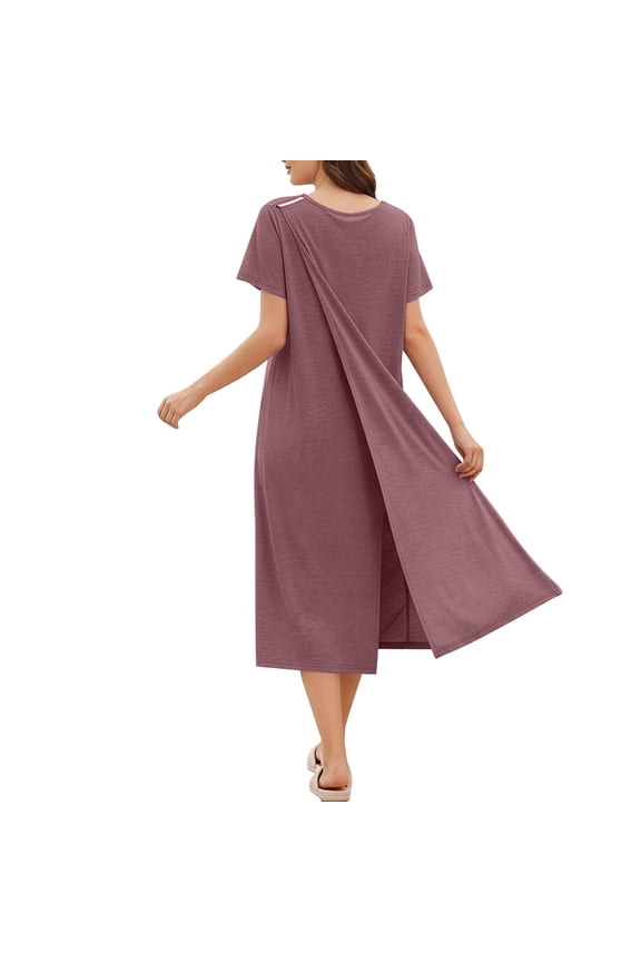 Elderly Women's Open Back Nightgown Long Length Post Shoulder Surgery Robe with Snap Buttons Wine,L