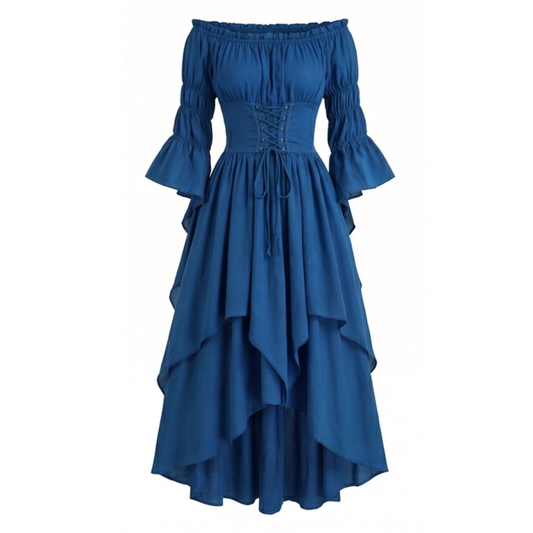 aohooy Fairy Dress Woman Medieval Renaissance Off the Shoulder Dresses Ruffle High Low Peasant Gothic Witch Dress White,L