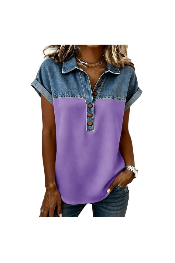 Fake Denim Shirts for Women Button Up V Neck Denim Collar Casual Tees-Shirts Fashion Patchwork Western Tunic Blouses 2026 Purple,S