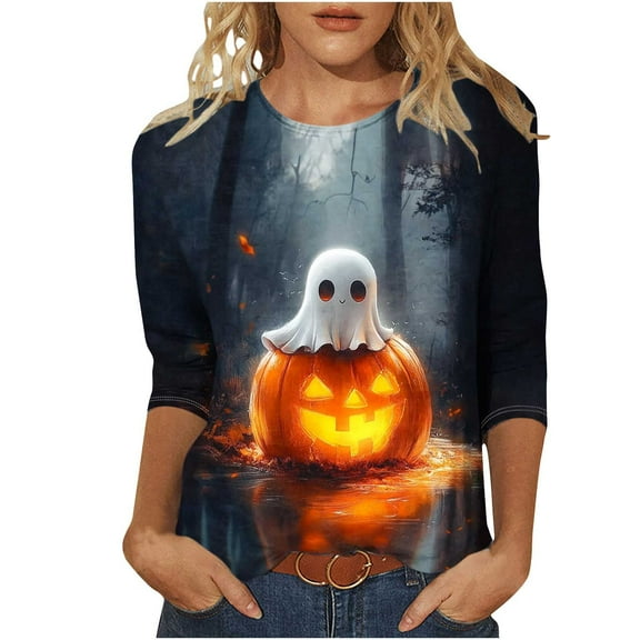 aohooy Fall Halloween Shirts Women 2025 3/4 Sleeve Funny Graphic T-Shirts Casual Crewneck Witch Pumpkin Ghost Tunic Tops Multicolor,XXXXL