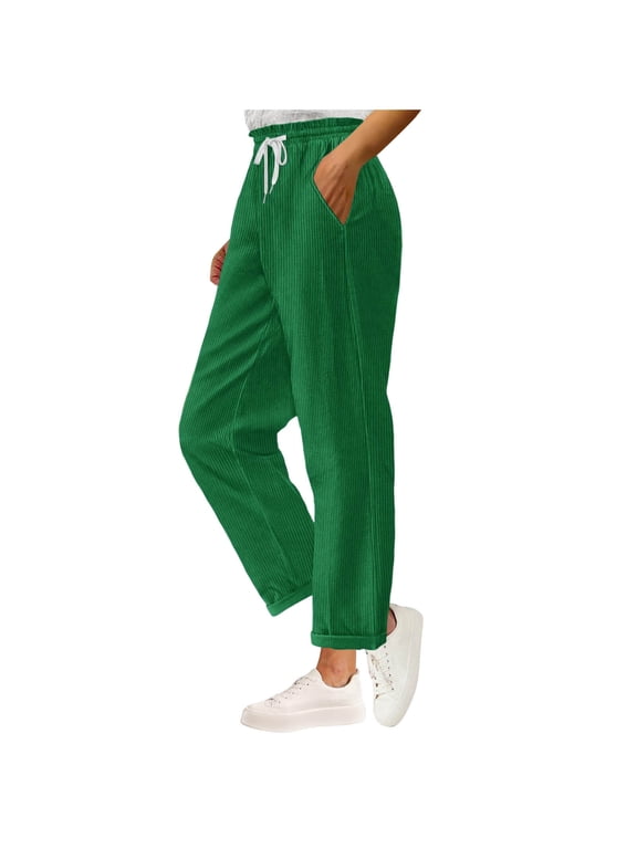 Fall Pants for Women Corduroy Casual Solid Drawstring Elastic Waist Sweatpant Wide Leg Pull On Warm Pant with Pocket Army Green,L