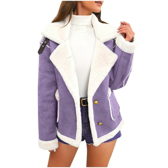 aohooy Fall Suede Jacket Women - Lapel Button Down Sherpa Lined Jackets Oversized Elegant Long Sleeve Coats Purple,XS
