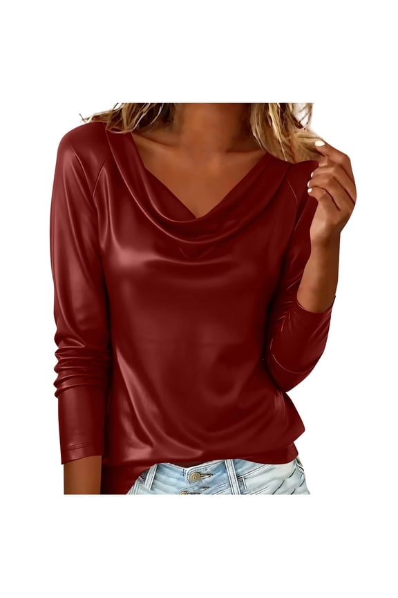 Faux Leather Long Sleeve Tops for Women PU Cowl Neck Blouse Clubwear Party Shirts Going Out Shirt Work Business Tunics Red,M