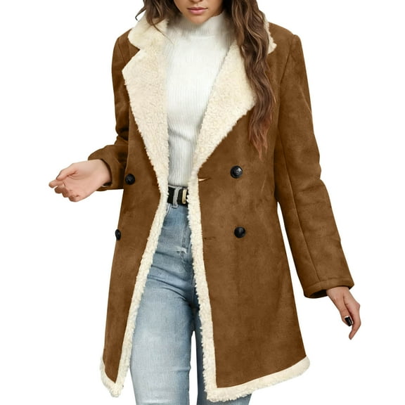 aohooy Faux Suede Coat Women Fleece Sherpa Lined Fake Suede Leather Long Jackets Oversized Notch Lapel Outerwear Overcoat Brown,XL