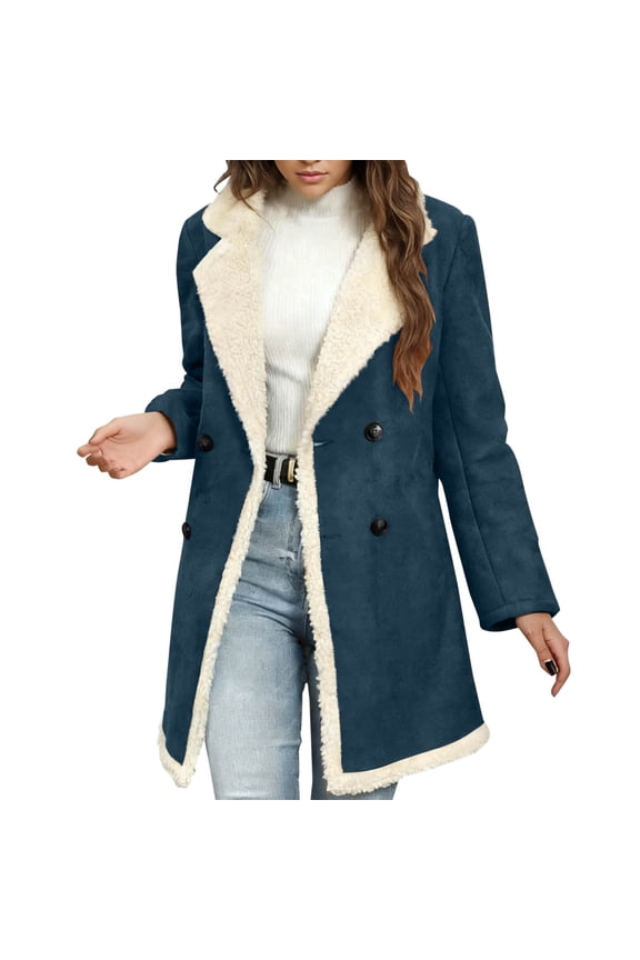 Faux Suede Jacket Women Cropped Fleece Sherpa Lined Fake Suede Leather Long Jackets Oversized Notch Lapel Outerwear Overcoat Dark Blue,S