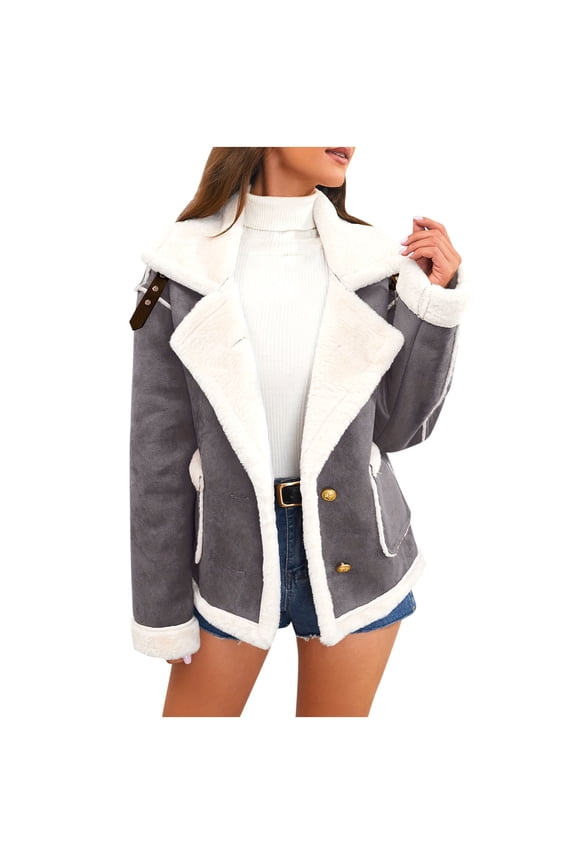 Faux Suede Jacket Women Plus Size - Lapel Button Down Sherpa Lined Jackets Oversized Elegant Long Sleeve Coats Dark Gray,XS