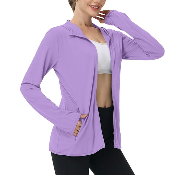 aohooy Fitness Jacket Women Plus Size Zip Up Lightweight Sun Protection Hoodies Cooling Hiking Fishing Summer Tops Purple,L