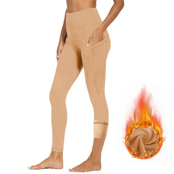 aohooy Fleece Lined Insulated Leggings for Women, Winter High Waist Legging with Pockets Tummy Control Stretch Yoga Pants Beige,XXL