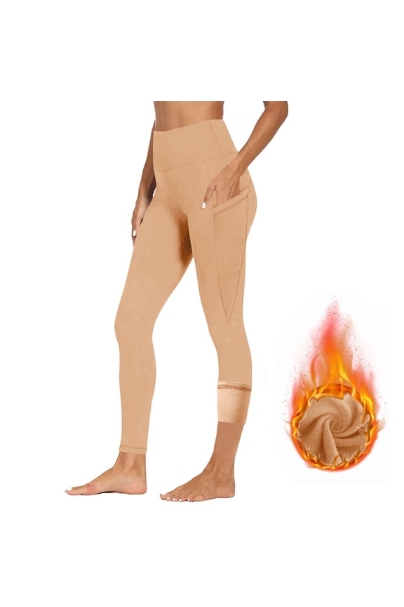 Fleece Lined Winter Leggings Women, High Waisted Tummy Control Yoga Pants for Gym Running Pockets Stretch Pant Beige,S