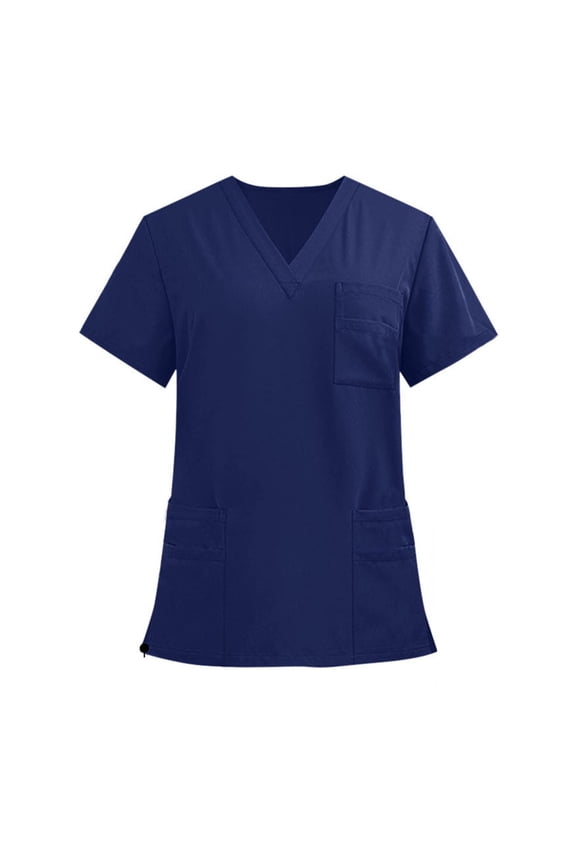 Fun Scrub Tops Women V-Neck Short Sleeve Wrap Tees with Multi Pocket Unisex Workwear Nurse Uniforms Dark Blue,XXL