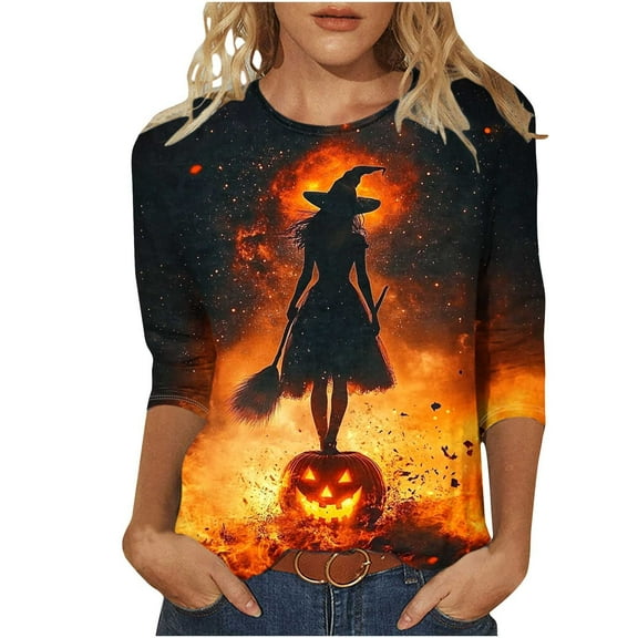 aohooy Funny Halloween Shirts for Women Plus Size 3/4 Sleeve Crewneck Shirt Funny Holiday Tees Pumpkin Witch Ghost Graphic Tee Pullover Tops Multicolor,XXXXL