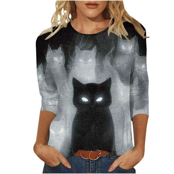 aohooy Funny Halloween Tee Shirts for Women Ghost Witch Pumpkin Print 3/4 Length Sleeve Tunic Tops Plus Size Party Gifts Blouse Multicolor,XXXL