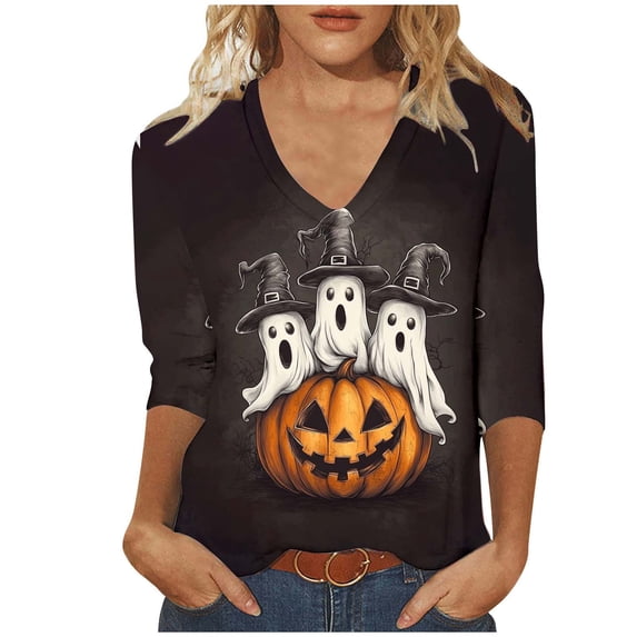 aohooy Funny Halloween Tshirts Women Three Quarter Sleeve Plus Size Graphic T-Shirts Holiday Festivel Party V Neck Tunic Tops Multicolor,S