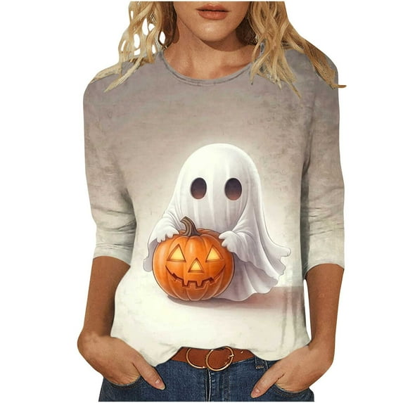 aohooy Funny Womens Halloween Shirt Three Quarter Sleeve Plus Size Graphic T-Shirts Holiday Festivel Party Crewneck Tunic Tops Multicolor,XL
