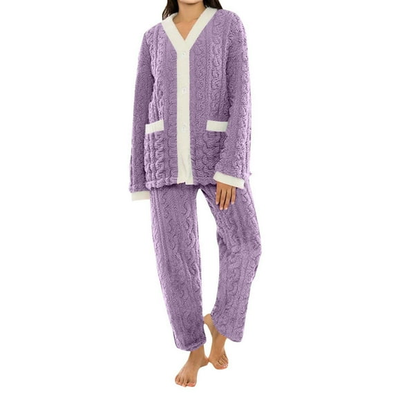 aohooy Fuzzy Pajama Set Women 2 Piece Fleece Pullover Button Sleepwear Pjs Set Soft Warm Winter Loungewear Outfit Purple,Free Size
