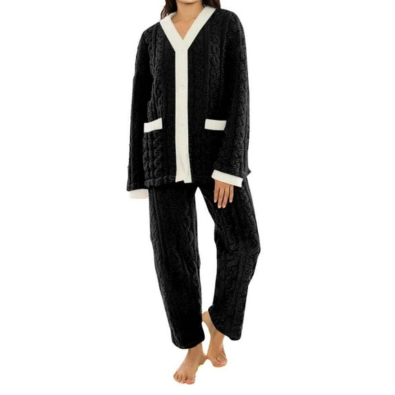 aohooy Fuzzy Pajama Sets for Women 2 Piece Button Fleece Pullover Sleepwear Pjs Set Soft Warm Winter Loungewear Outfit Dark Gray,Free Size