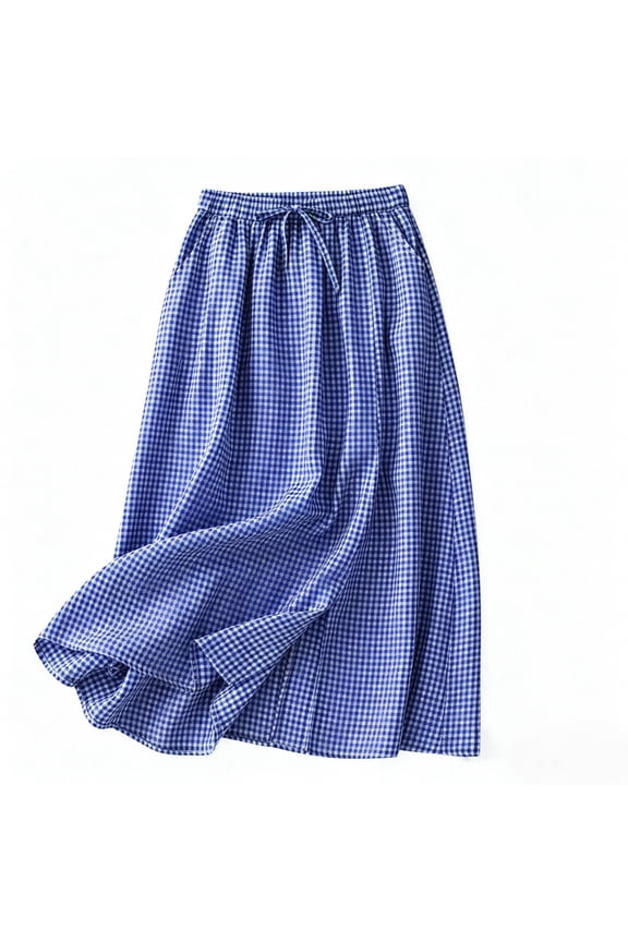 Gingham Maxi Skirts for Women Cotton Flowy A Line High Waist Long Plaid Skirt Beach Vacation Summer Side Split Skirts 2026 Blue,L